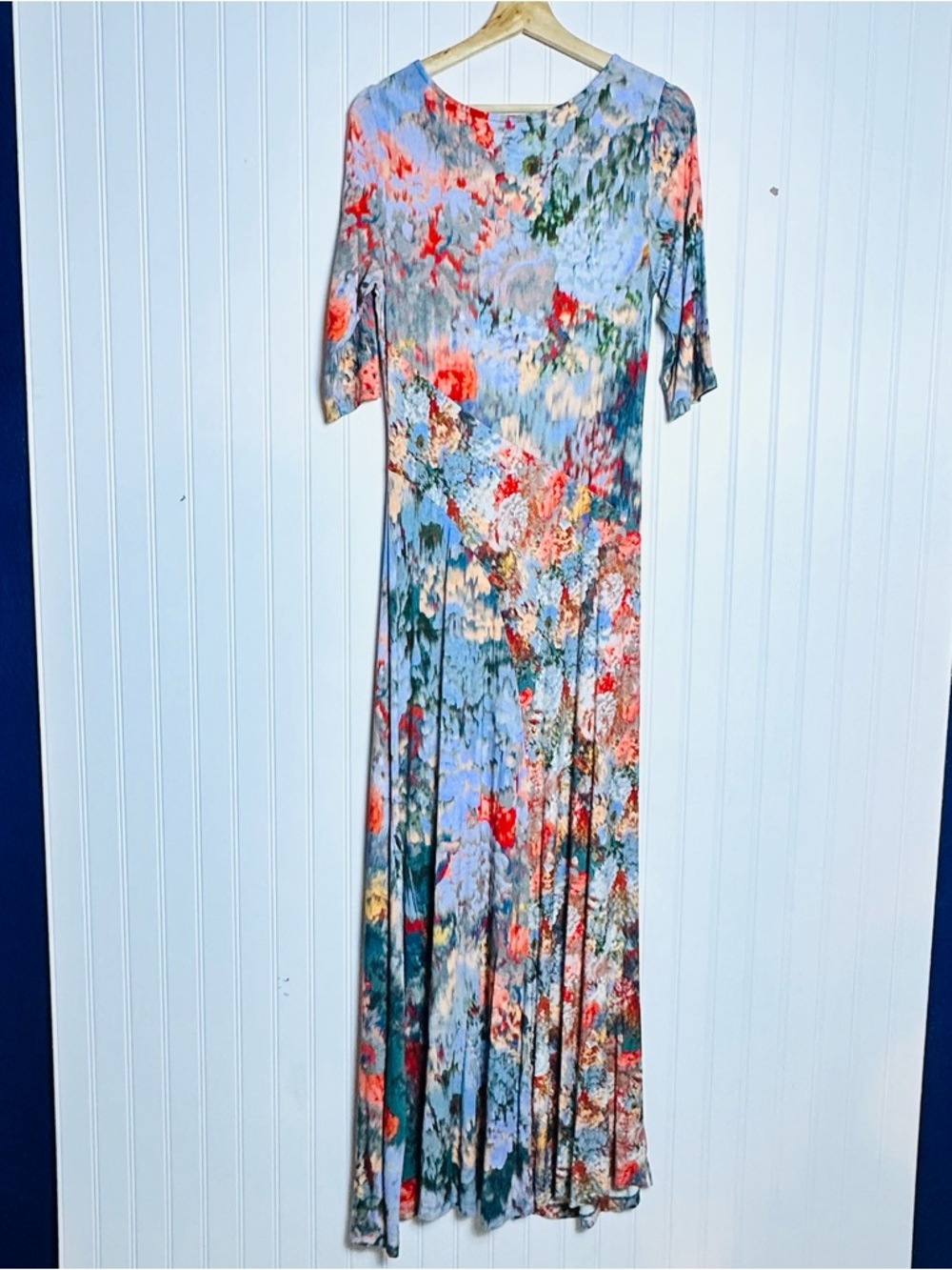 Soft Surroundings Multicolor Floral Scoop Neck Maxi Dress Jersey Knit 3/4sleeves - Picture 12 of 15
